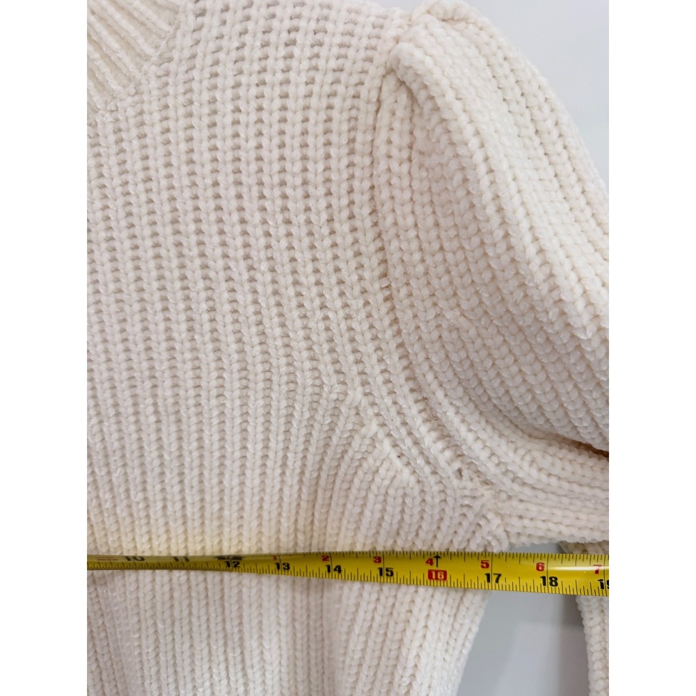 HM White Chenille Puff Sleeve Knit Sweater Ribbed Crewneck Cream S - Picture 7 of 9
